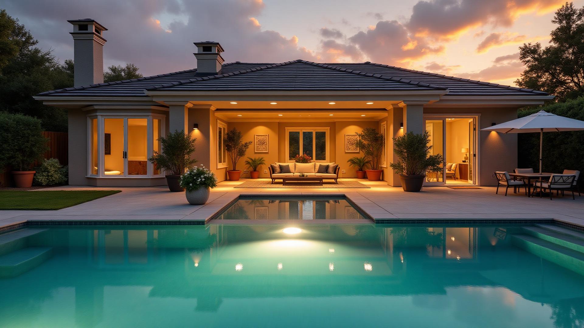 Luxury backyard pool at sunset in Northwest Arkansas